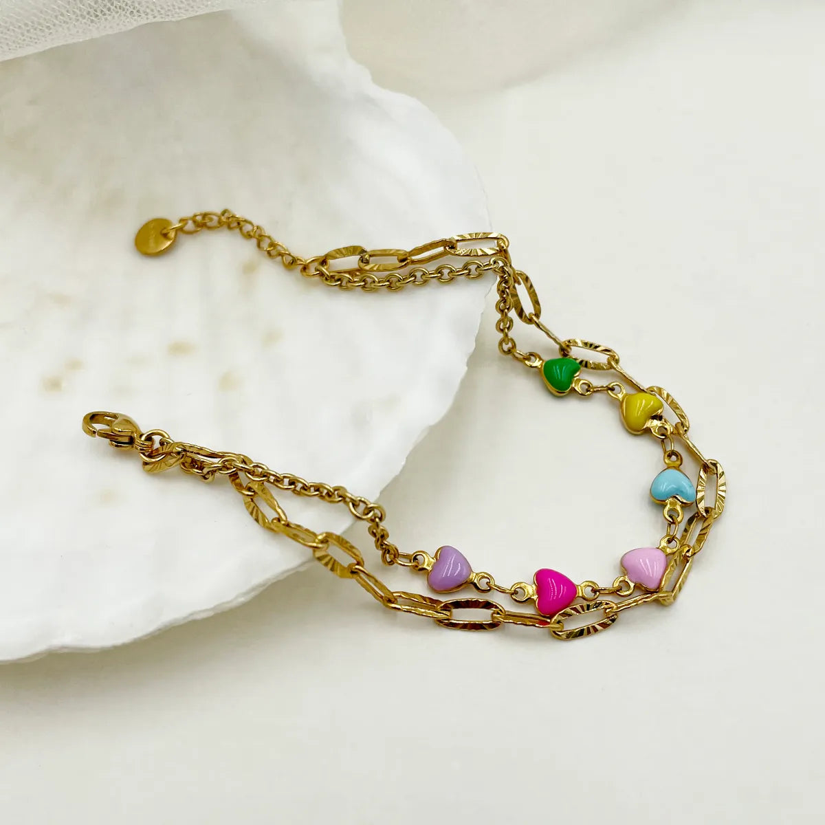 Romantic Sweet Heart Shape Stainless Steel Metal Layered Enamel Plating Gold Plated Women's Bracelets