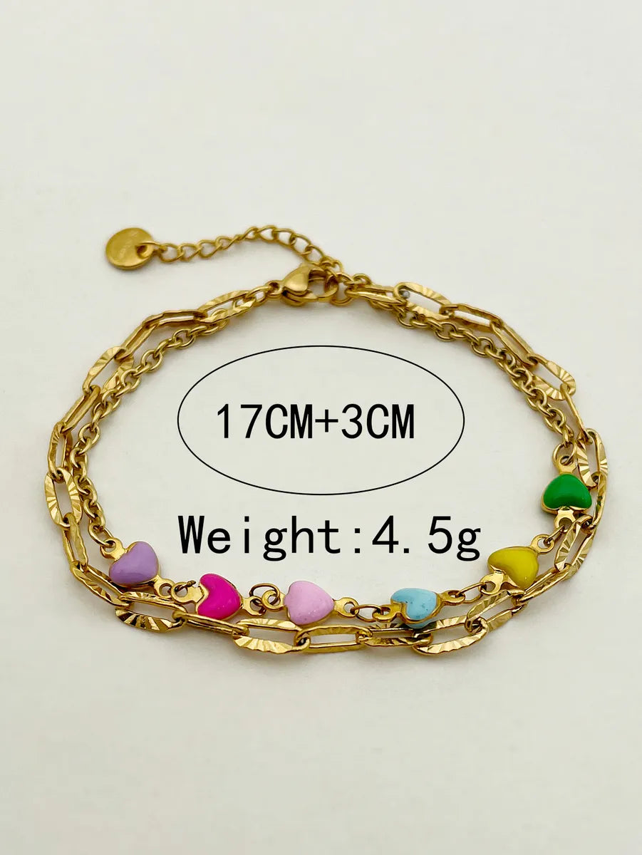 Romantic Sweet Heart Shape Stainless Steel Metal Layered Enamel Plating Gold Plated Women's Bracelets