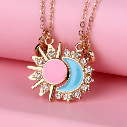 Romantic Sweet Korean Style Sun Moon Alloy Copper Inlay Artificial Rhinestones K Gold Plated Women'S Pendant Necklace