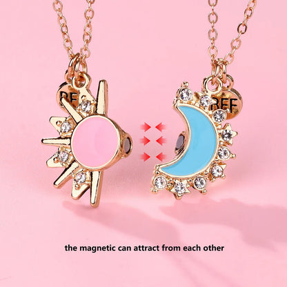 Romantic Sweet Korean Style Sun Moon Alloy Copper Inlay Artificial Rhinestones K Gold Plated Women'S Pendant Necklace