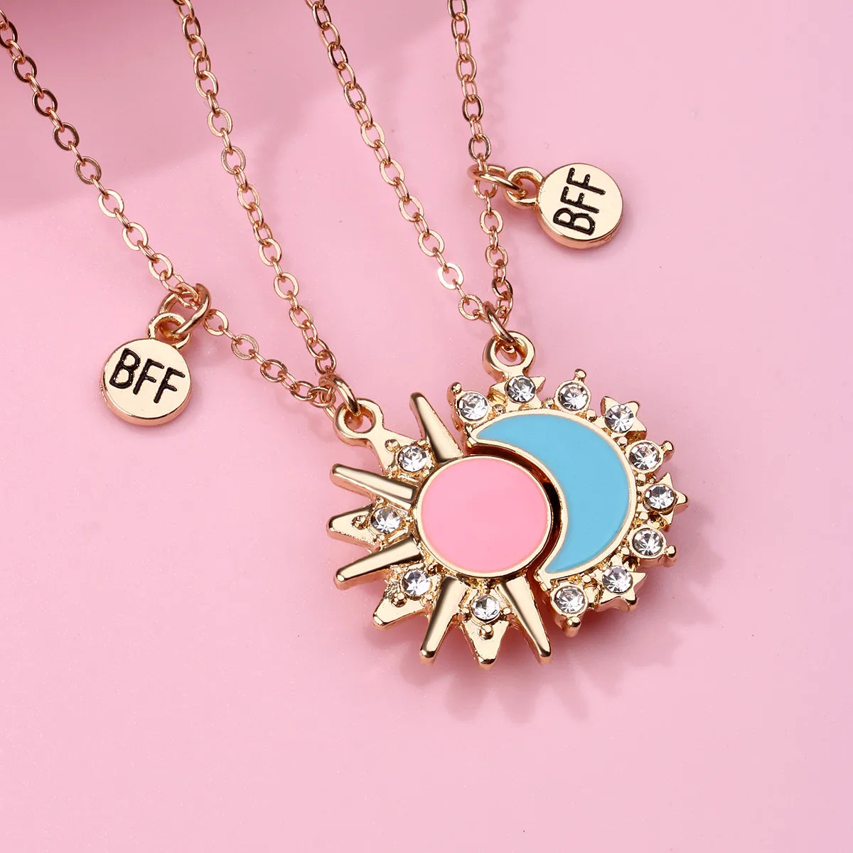 Romantic Sweet Korean Style Sun Moon Alloy Copper Inlay Artificial Rhinestones K Gold Plated Women'S Pendant Necklace