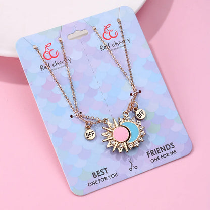 Romantic Sweet Korean Style Sun Moon Alloy Copper Inlay Artificial Rhinestones K Gold Plated Women'S Pendant Necklace