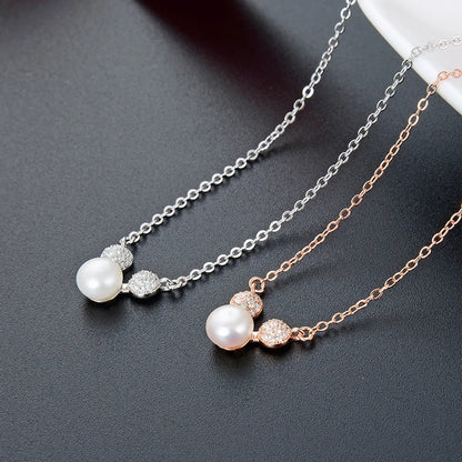 Rose Gold Mouse Pearl S925 Silver Necklace Korean Creative Inlaid Rhinestone Necklace Wholesale