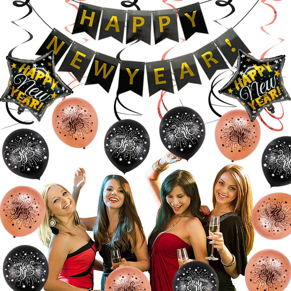 Rose Gold New Year Aluminum Foil Balloon Set With Letter Banner And Cake Topper Decorations For Party Displays