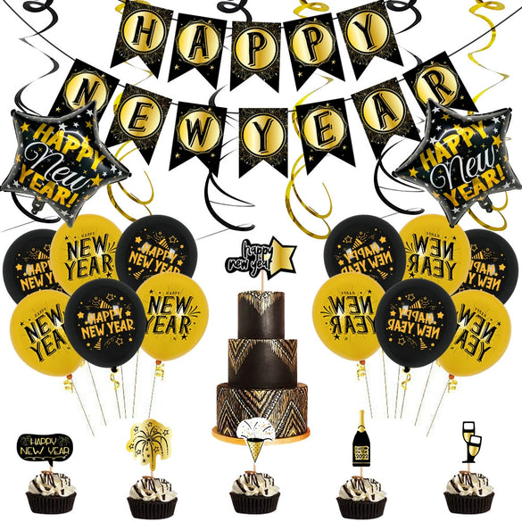 Rose Gold New Year Aluminum Foil Balloon Set With Letter Banner And Cake Topper Decorations For Party Displays