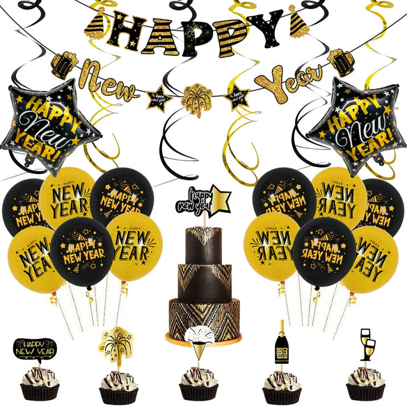 Rose Gold New Year Aluminum Foil Balloon Set With Letter Banner And Cake Topper Decorations For Party Displays