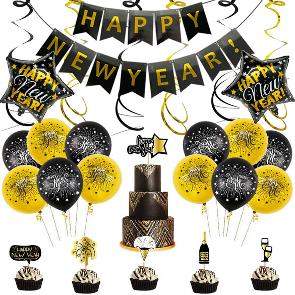 Rose Gold New Year Aluminum Foil Balloon Set With Letter Banner And Cake Topper Decorations For Party Displays
