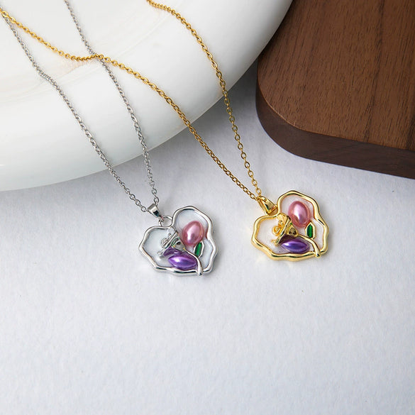 Rose Oil Painting Simple Clavicle Chain Necklace For Women Copper Pendant With Electroplating Titanium Steel Chain