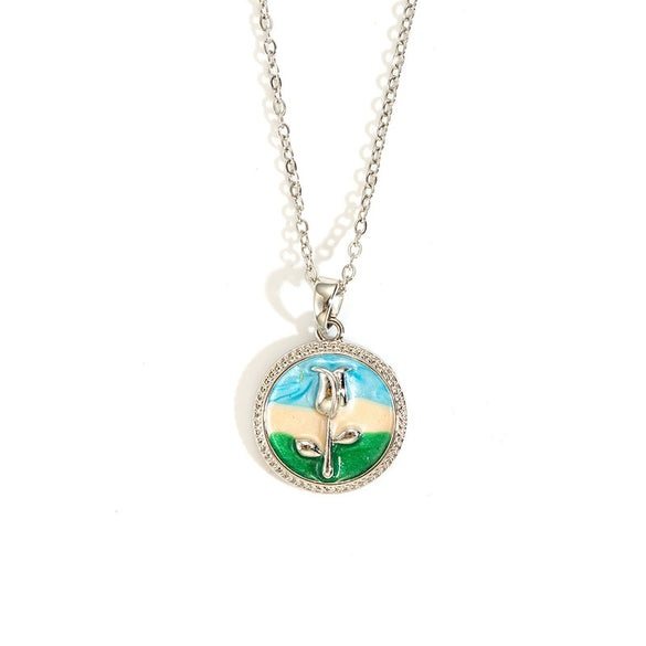 Rose Oil Painting Simple Clavicle Chain Necklace For Women Copper Pendant With Electroplating Titanium Steel Chain