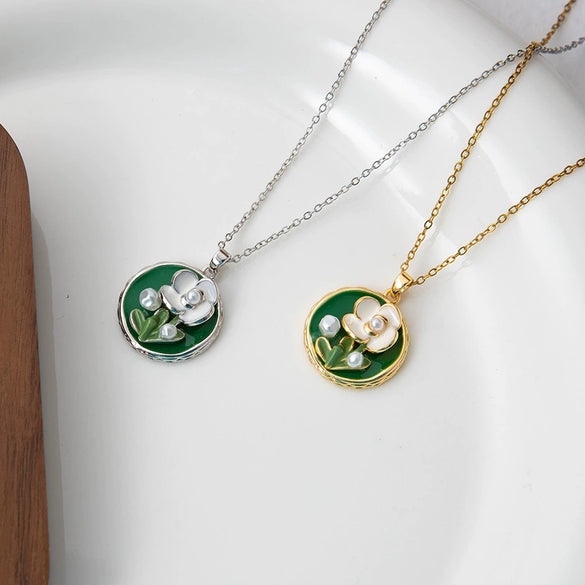 Rose Oil Painting Simple Clavicle Chain Necklace For Women Copper Pendant With Electroplating Titanium Steel Chain