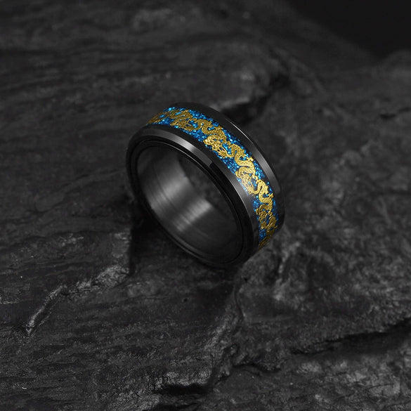 Rotatable Chinese Dragon Decompression Ring Titanium Steel Electroplated Black Geometric Jewelry