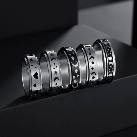 Rotatable Decompression Unisex Titanium Steel Ring With Geometric Pattern And Corrosion Greasing Treatment