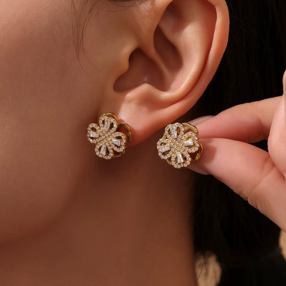 Rotatable Super Flash Zircon Fourleaf Flower Stainless Steel Jewelry Set For Women With Electroplating