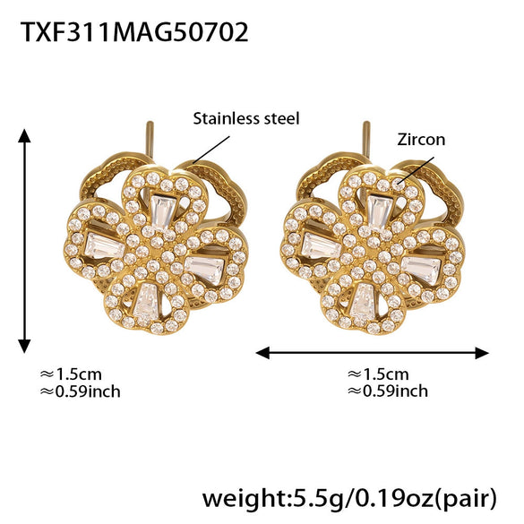 Rotatable Super Flash Zircon Fourleaf Flower Stainless Steel Jewelry Set For Women With Electroplating