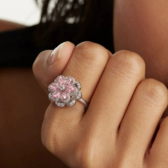 Rotating Jewelry Series S925 Sterling Silver Pink Flower Zircon Electroplated Geometric Diamond Ring For Women