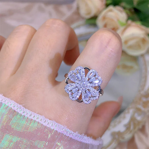 Rotating Moving Ring Flower Zircon Super Flash Ring Opening Color Retention Niche Design Fashion Hand Accessories Female Fashion