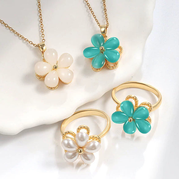 Rotating Ring And Necklace Suit Pearl Copper Geometric Plant Flowers Electroplated For Women