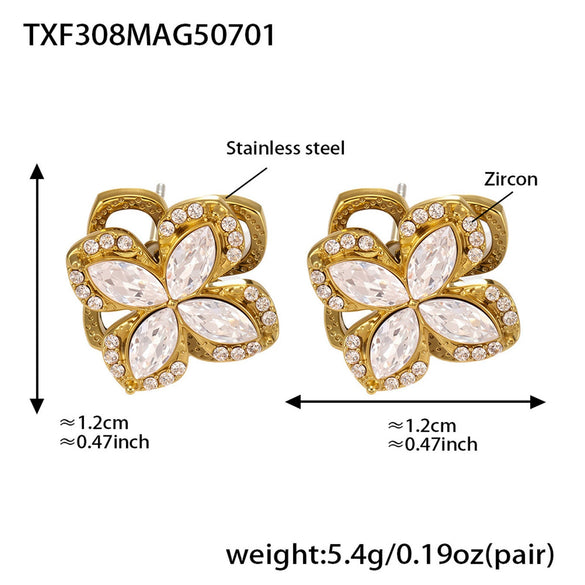Rotating Super Flash Zircon Fourpetal Flower Jewelry Set In Titanium Steel With Electroplating For Women