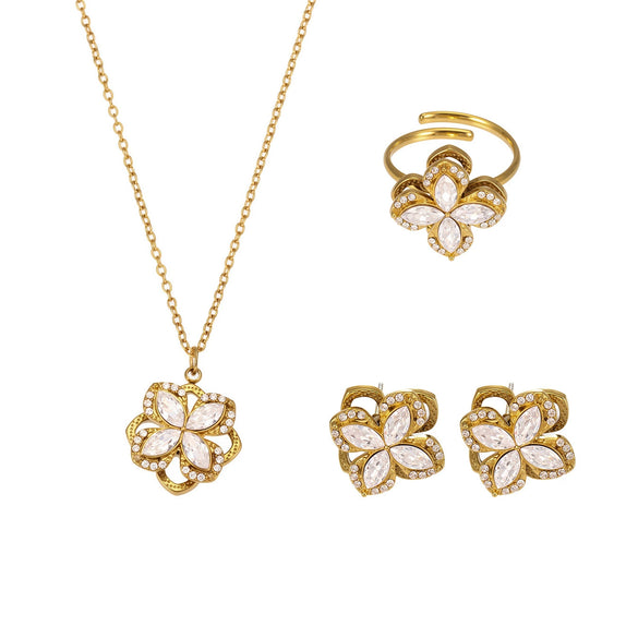 Rotating Super Flash Zircon Fourpetal Flower Jewelry Set In Titanium Steel With Electroplating For Women