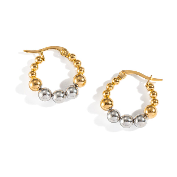 Round Bead Beaded Gold And Silver Color Matching Geometric Stainless Steel Earrings With Electroplating For Women