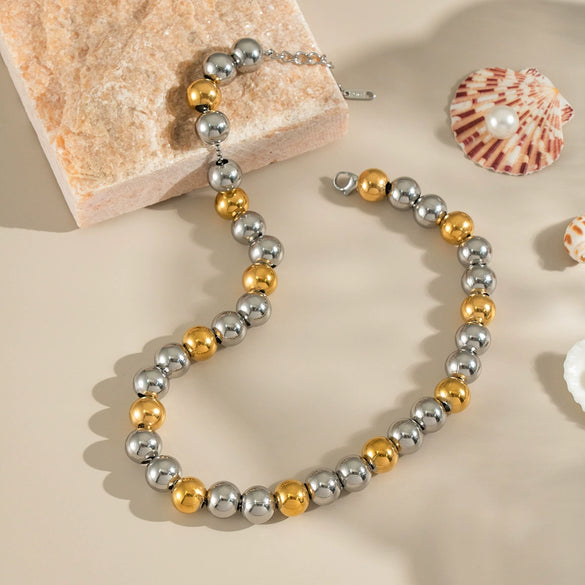 Round Bead Gold And Silver Color Matching Necklace For Girls Stainless Steel Geometric Exaggerate Electroplating Jewelry Accessories