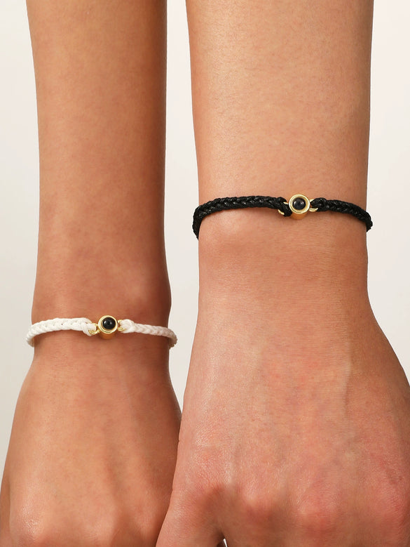 Round Bead Projection Hand Woven Cord Couple Bracelet In Powder Blue Black And White