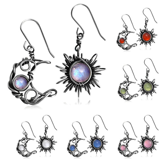 Round Chrysanthemum Bohemian Vintage Sun Moon Earrings Alloy Electroplated Moonstone Asymmetric