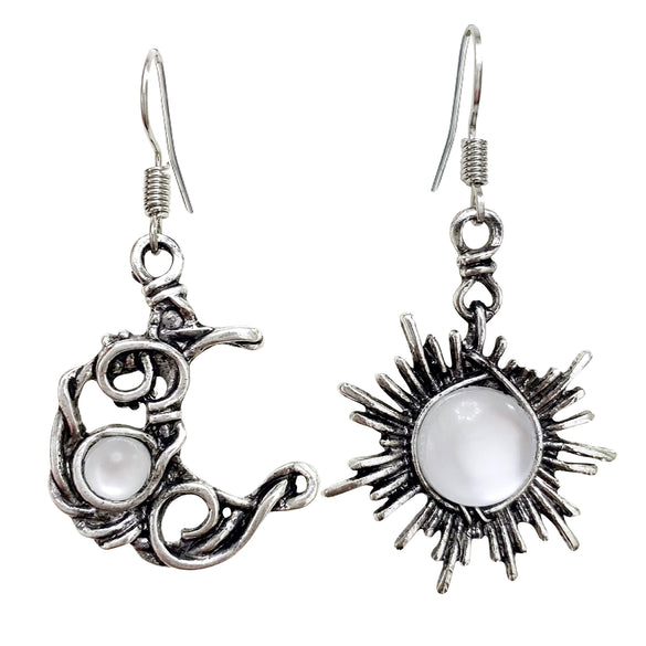 Round Chrysanthemum Bohemian Vintage Sun Moon Earrings Alloy Electroplated Moonstone Asymmetric