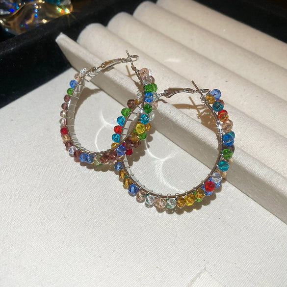 Round Crystal Wrap Earrings Silver Needle Metal Hand Knitting