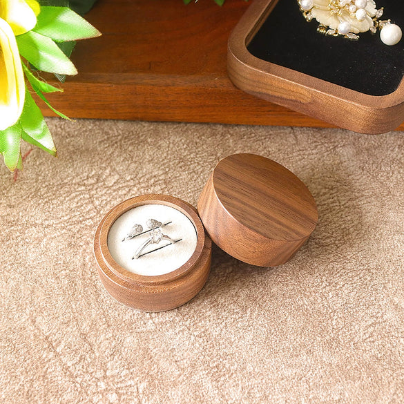Round Double Ring Box Jewelry Display And Storage Box In Black Walnut Wood