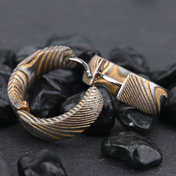Round Geometric Gold Electroplated Damascus Steel Earrings With Stainless Steel Ear Needles Minimalist Unisex Jewelry