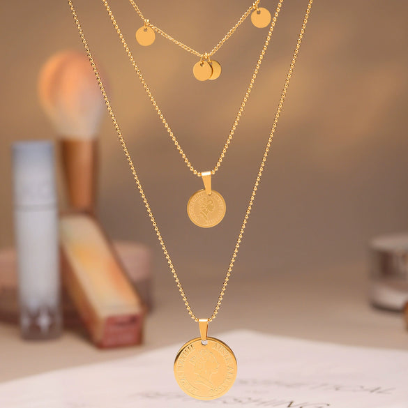 Round Medal Queen Portrait Multilayer Clavicle Necklace In Stainless Steel And Titanium Steel With Electroplating For Women Geometric Style