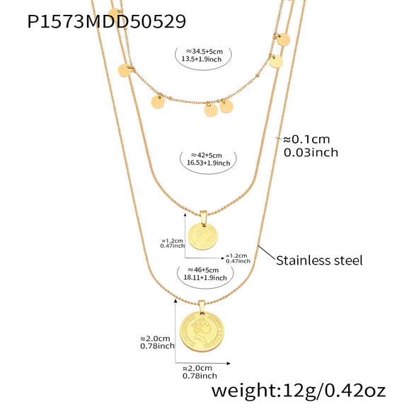 Round Medal Queen Portrait Multilayer Clavicle Necklace In Stainless Steel And Titanium Steel With Electroplating For Women Geometric Style