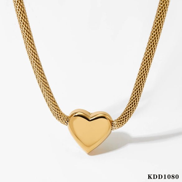 Round Mesh Chain Hollow Heart Ball Pendant Necklace For Girls Stainless Steel Electroplated Jewelry