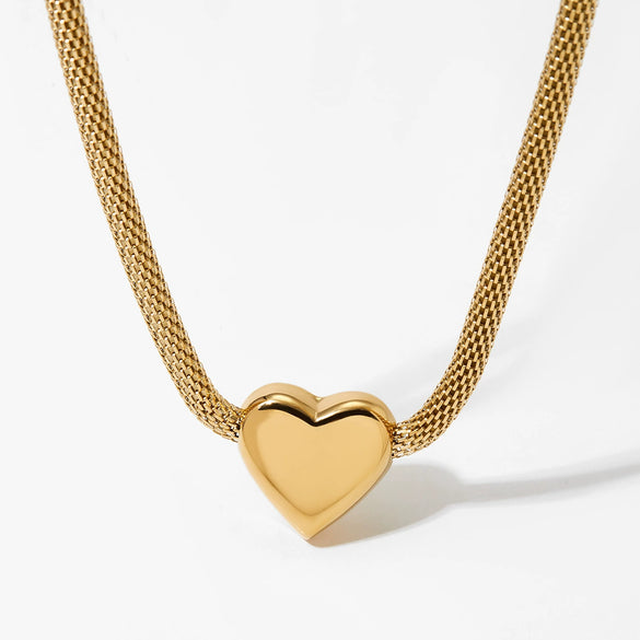 Round Mesh Chain Hollow Heart Ball Pendant Necklace For Girls Stainless Steel Electroplated Jewelry