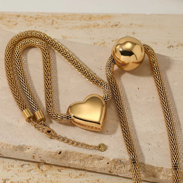 Round Mesh Chain Hollow Heart Ball Pendant Necklace For Girls Stainless Steel Electroplated Jewelry