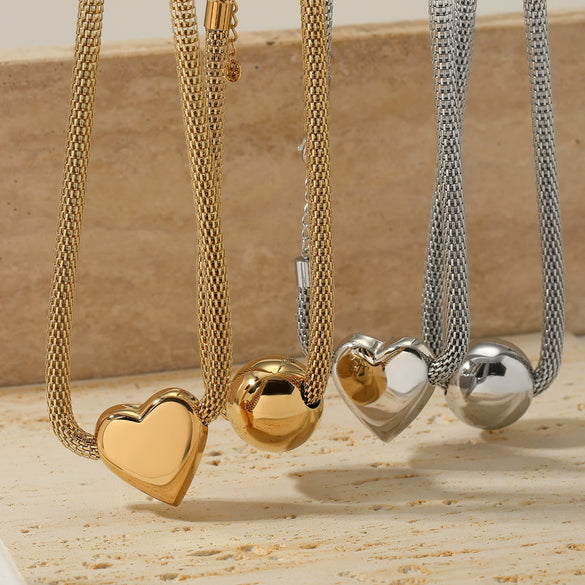 Round Mesh Chain Hollow Heart Ball Pendant Necklace For Girls Stainless Steel Electroplated Jewelry