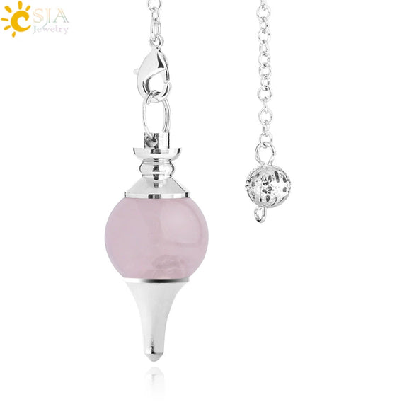 Round Natural Stone Pendant Polished White Crystal Amethyst Rose Quartz Multicolor Pendulum Jewelry With Copper Accessories
