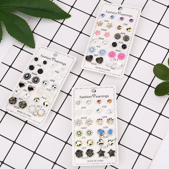 Round Rhinestone Crystal Flower Alloy Earrings Electroplated Set On Paper Card For Women