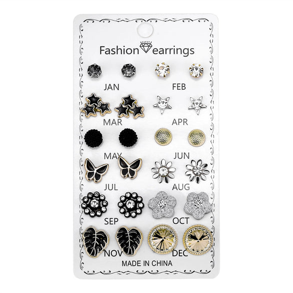 Round Rhinestone Crystal Flower Alloy Earrings Electroplated Set On Paper Card For Women