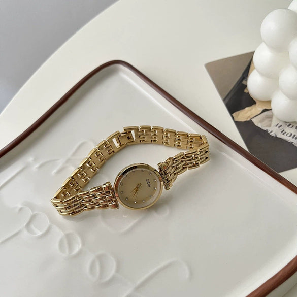 Round Small Dial Diamond Alloy Belt Watch For Women Simple Elegant And French Retro Style