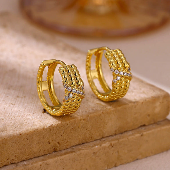 Round Teardrop Rhinestone Hoop Earrings In Gold Plated Copper Minimalist Geometric Jewelry For Women And Unisex Wear