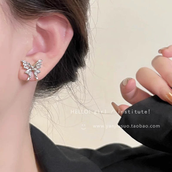S925 Silver Butterfly Stud Earrings For Women Zircon Pearl Electroplated Light Luxury Niche Highend Minimalist Geometric