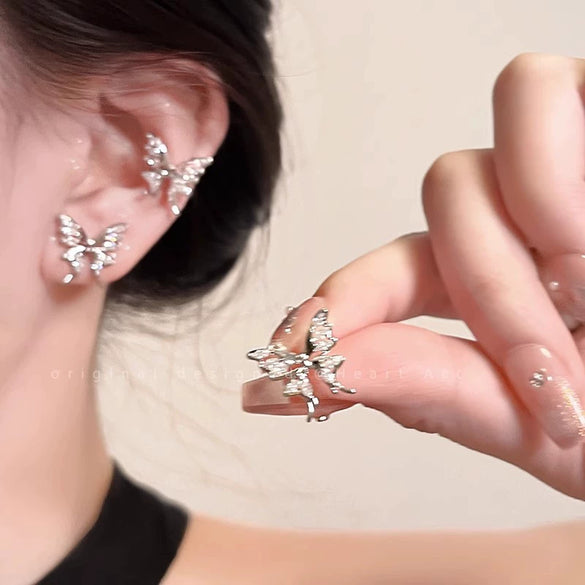 S925 Silver Butterfly Stud Earrings For Women Zircon Pearl Electroplated Light Luxury Niche Highend Minimalist Geometric
