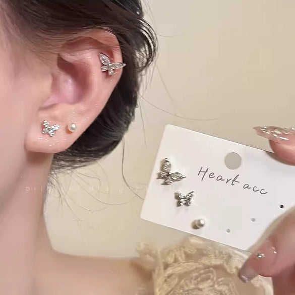 S925 Silver Butterfly Stud Earrings For Women Zircon Pearl Electroplated Light Luxury Niche Highend Minimalist Geometric