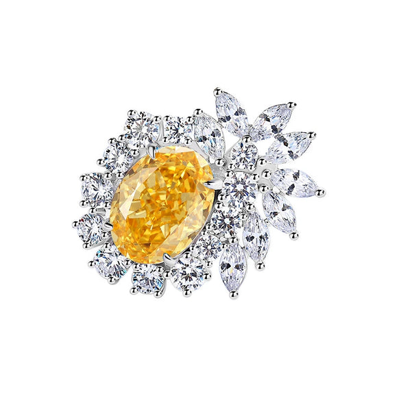 S925 Silver Ice Flower Cut Yellow Diamond Ring Light Luxury Drop Shape Design