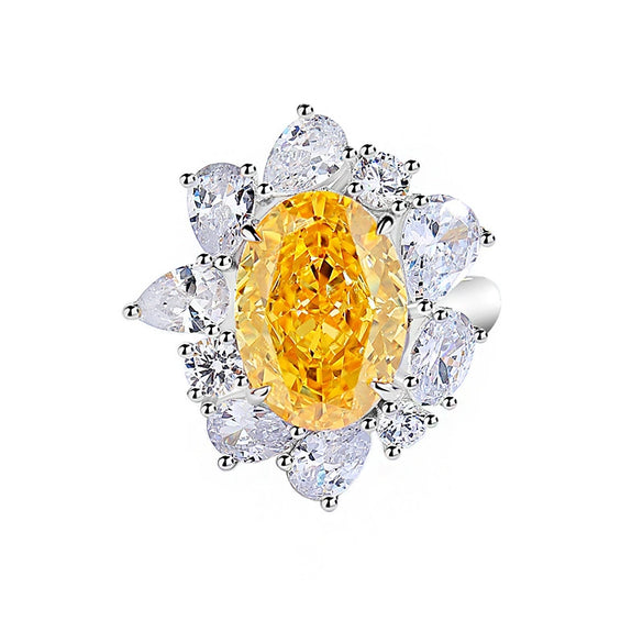 S925 Silver Ice Flower Cut Yellow Diamond Ring Light Luxury Drop Shape Design