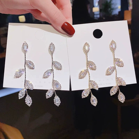 S925 Silver Needle Long Leaf Tassel Earrings With Zircon For Women Alloy Material With Electroplating Treatment