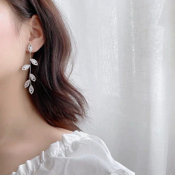 S925 Silver Needle Long Leaf Tassel Earrings With Zircon For Women Alloy Material With Electroplating Treatment