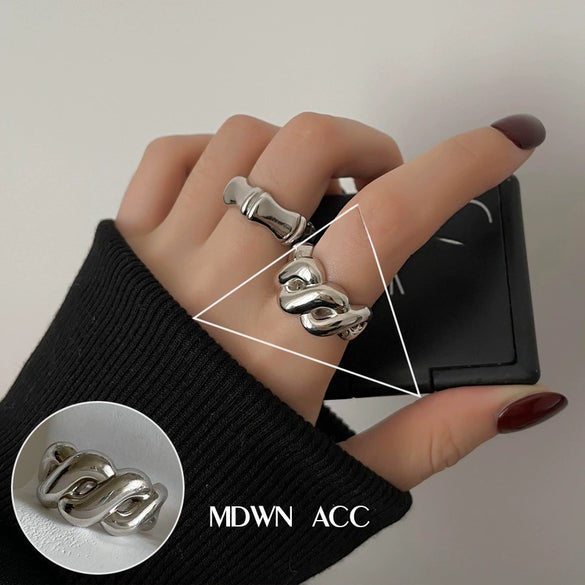 S925 Silver Plated Wide Brimmed Retro Fashion Heavy Industry Geometric Wave Open Finger Ring For Women Copper Material With Electroplating